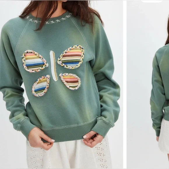 NWT Free People Butterfly Sweatshirt - Duck Green Combo - XS - Picture 2 of 10